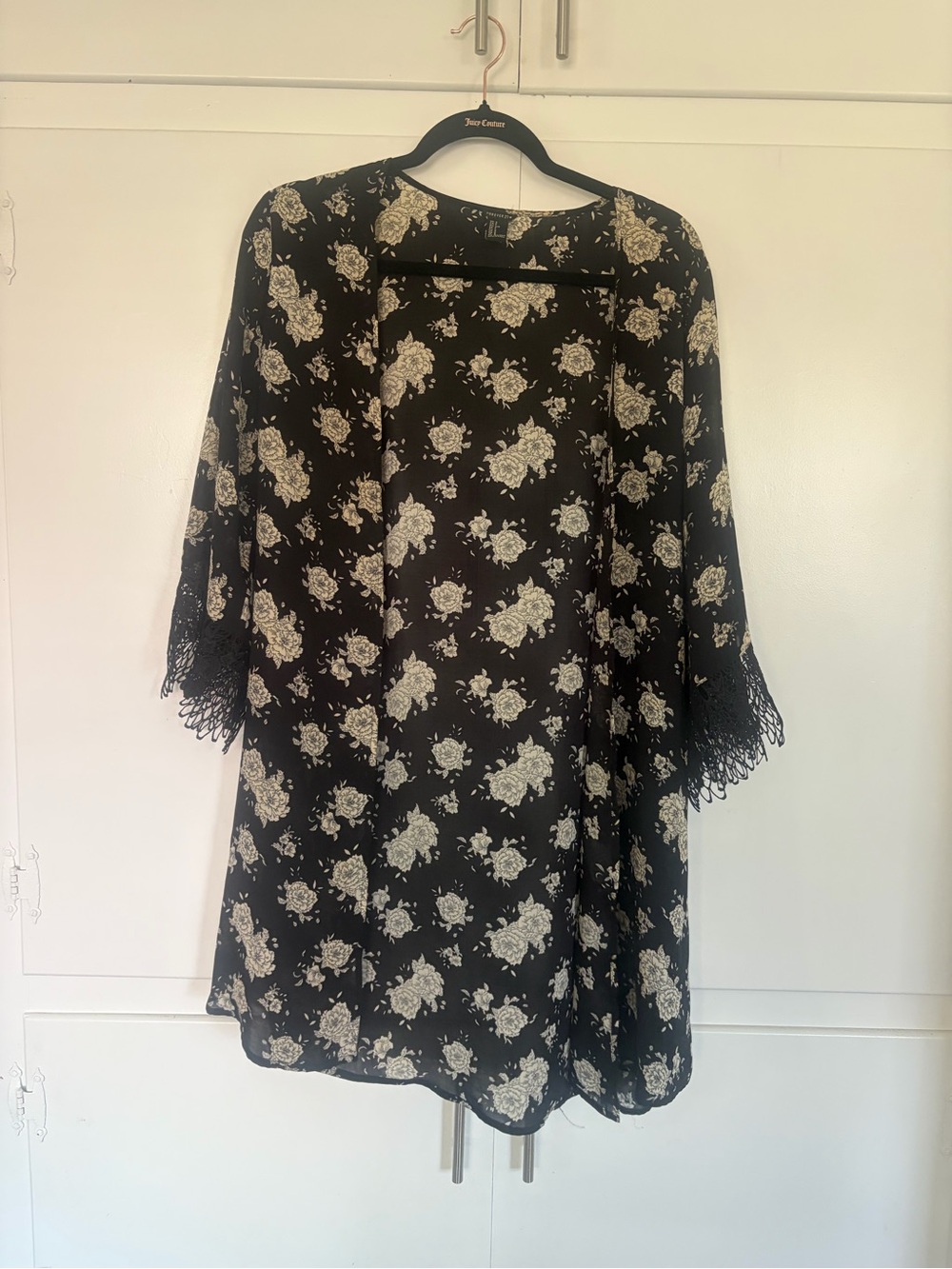 Forever 21 Black Floral Kimono with Cream Roses